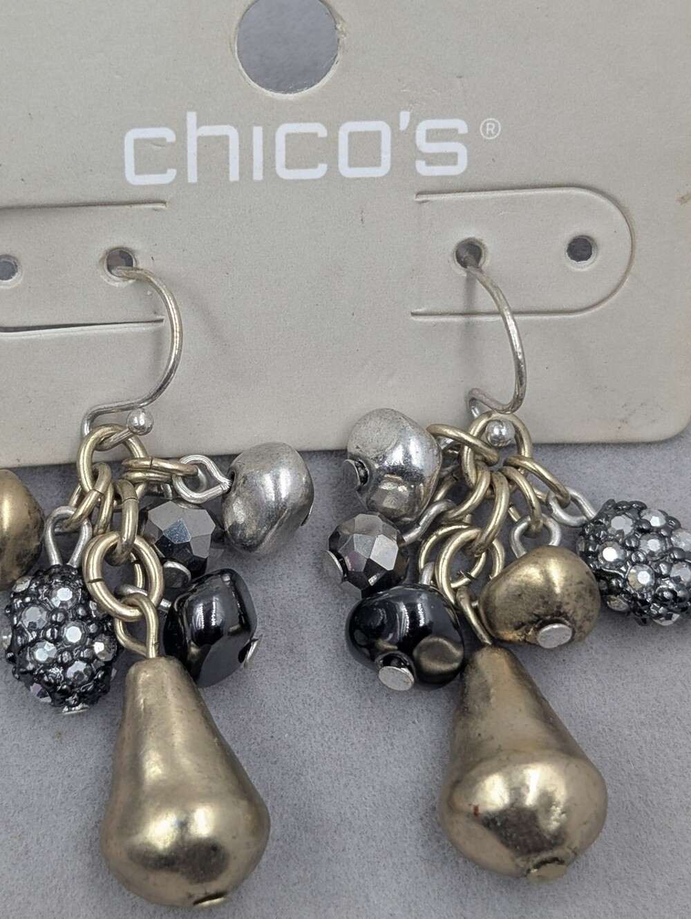 Chicoโs Mixed Metal Beaded Charm Cluster Drop Earrings Black Crystal | M307